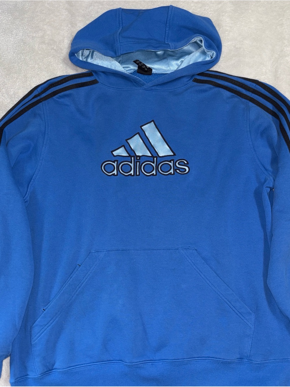 Y2K 2007 Adidas Blue Hoodie with Black Sleeve Stripes Men’s Size XL